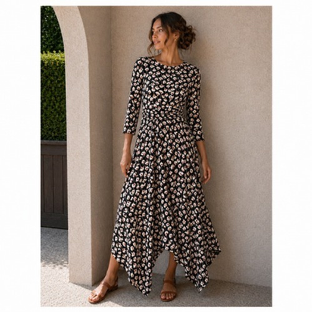 Boden Maxi Dress Womens 8 Black Floral V Neck Asym‎ Hem Fit Flare 3/4 Sleeve